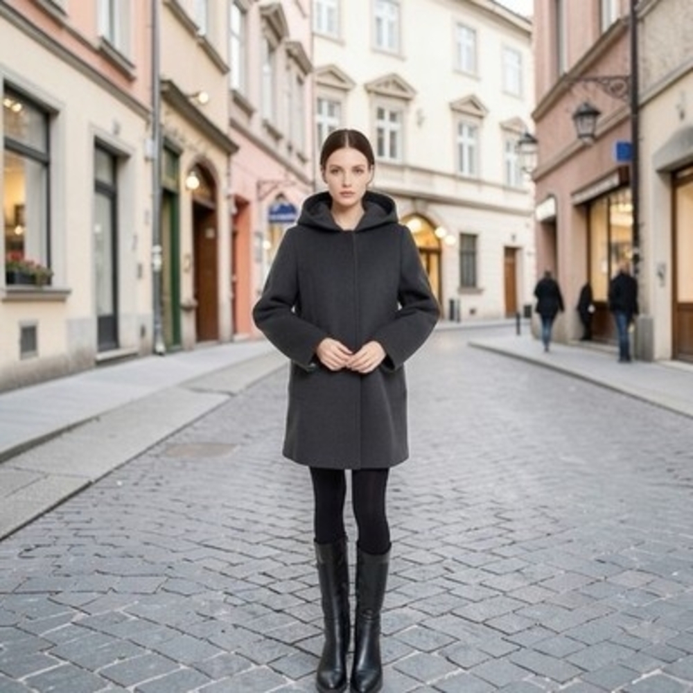 JASON KOLE Women's Charcoal Grey Wool Coat Size M Hooded Button Front Lined VG